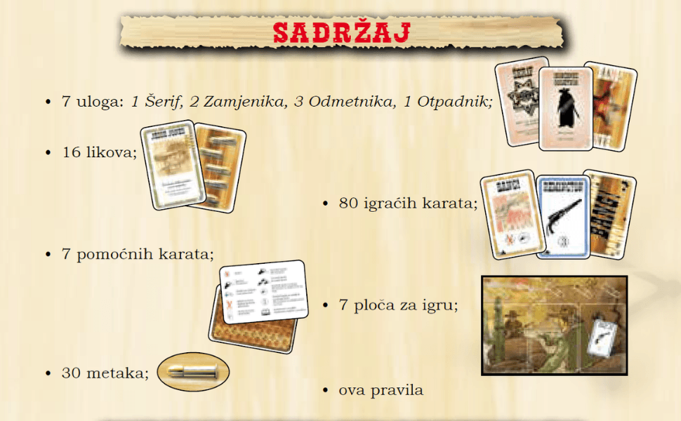 BANG! sadržaj kutije: uloge, likovi, karte, ploče za igru, meci i upute